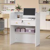OmySalon Reception Desk with Counter, Small Front Desk w/Lockable Drawer, Wooden Modern Reception Table for Salon Lobby Office Home (White, 32) OmySalon