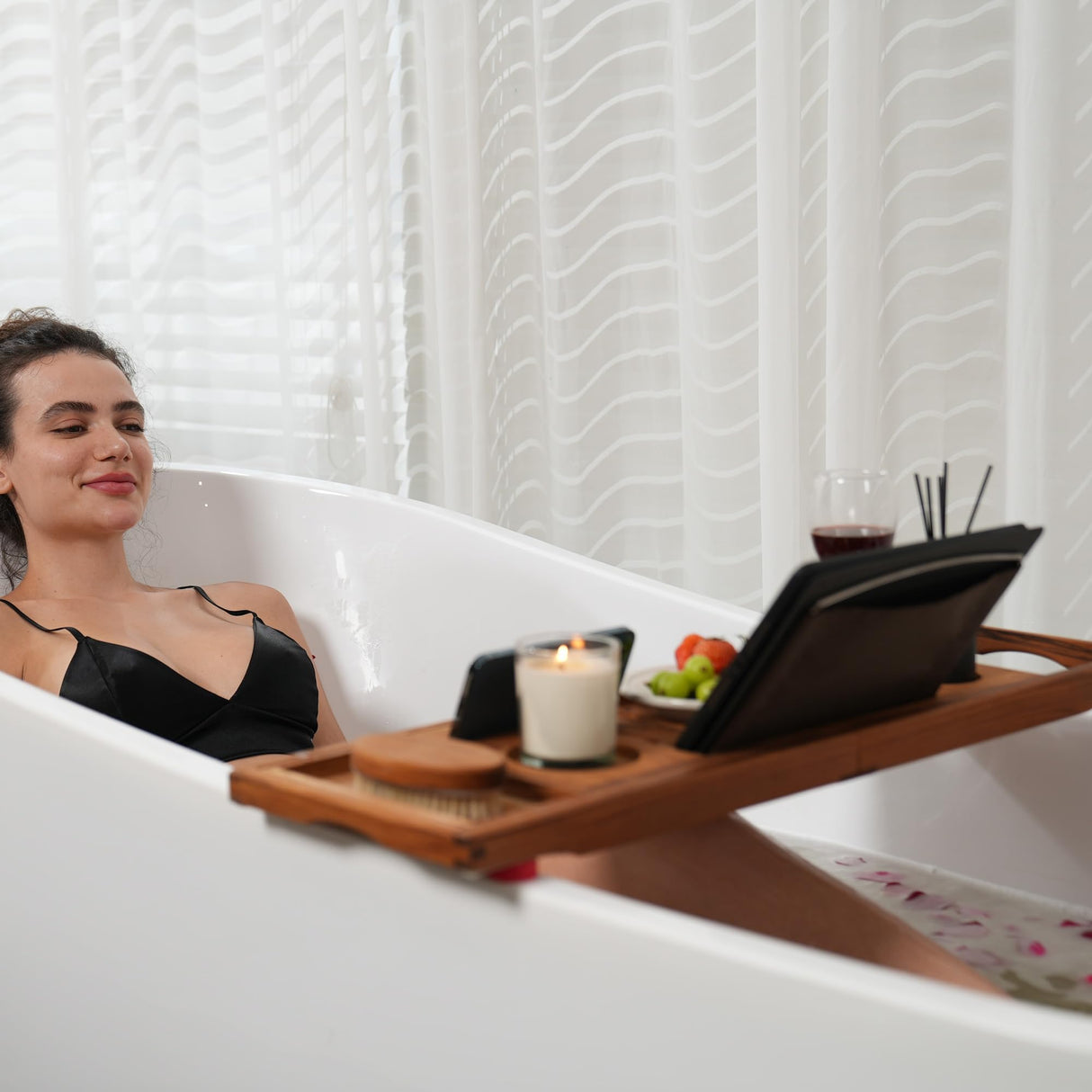Utoplike Teak Bathtub Caddy Tray Bath Tray for Tub, Unique Bathtub Organizer with Book Tablet Wine Glass Cup Towel Holder, Adjustable, for Your Loved Utoplike