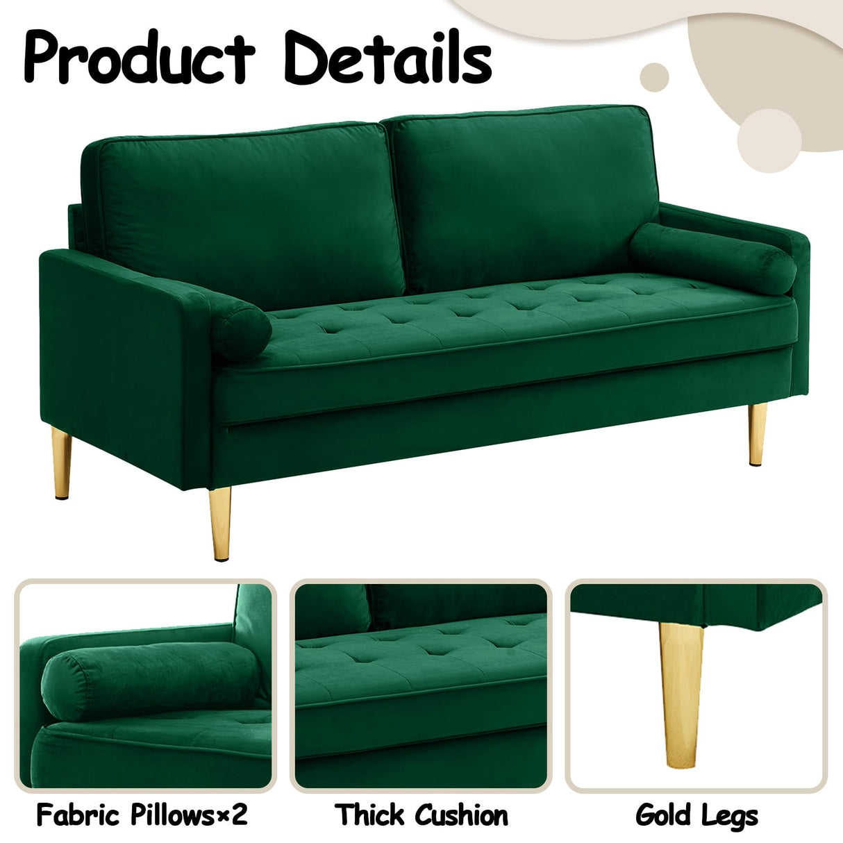HRVEOCEI 65 Inch Green Velvet Couch, Small Loveseat Sofa & Office Sofa for Small Space, Couch for Bedroom Livingroom, 2 Pillows, Gold Legs, Tufted Seat (Green) HRVEOCEI