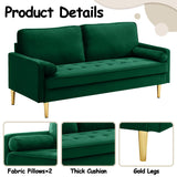 HRVEOCEI 65 Inch Green Velvet Couch, Small Loveseat Sofa & Office Sofa for Small Space, Couch for Bedroom Livingroom, 2 Pillows, Gold Legs, Tufted Seat (Green) HRVEOCEI