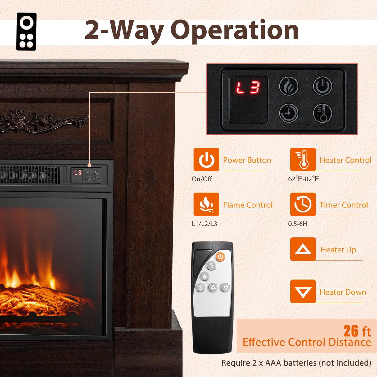 RELAX4LIFE 32-inch Electric Fireplace with Mantel - 1400W Fireplace Insert w/3 Flame Brightness, 6H Timer, Overheat Protection, Remote Control, Wood Surround Firebox with Fireplace Heater (Brown) RELAX4LIFE