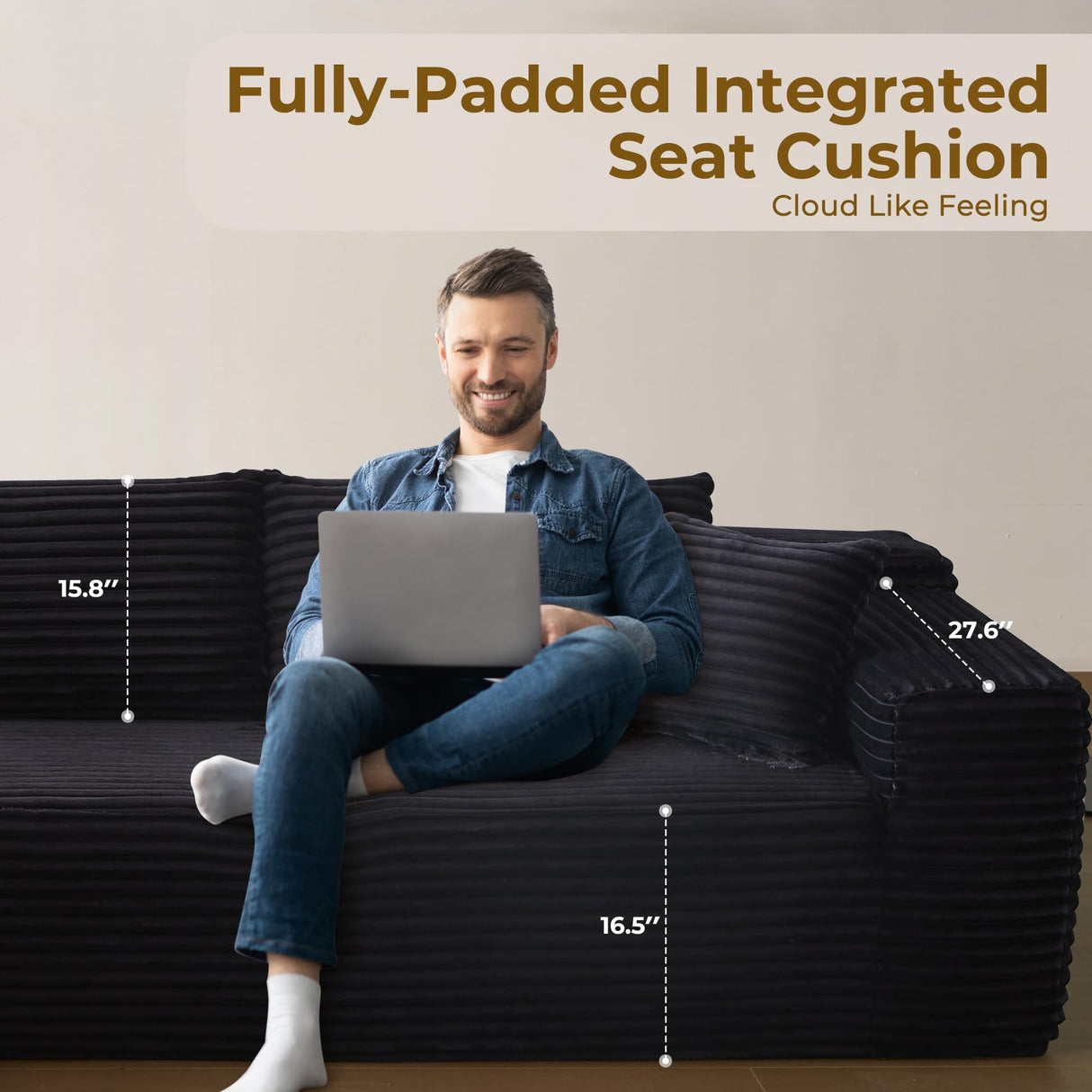 POUUIN 104" L-Shape Modular Sectional Sofa Couch - Comfy Upholstered Cloud Couch for Living Room - Modern Minimalist Couch,Deep Seat,No Assembly Required (Black,Plush Corduroy, Left Facing Chaise) POUUIN