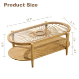 RUSTOWN Rattan Coffee Tables,2-Tier Oval Boho Cocktail Tables, Mid Century Modern Coffee Table with Rattan & Tempered Glass Top and Wood Legs, Sofa Table for Living Room(Natural) RUSTOWN