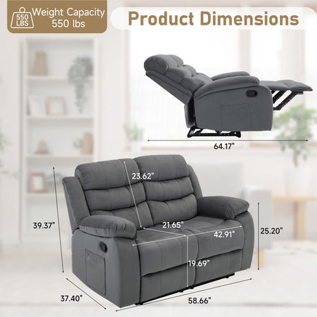 Cooexult Loveseat Recliner, Double Recliner with Side Pockets, Manual Reclining Loveseat for Living Room, Home Theater, RV, Dark Grey Cooexult