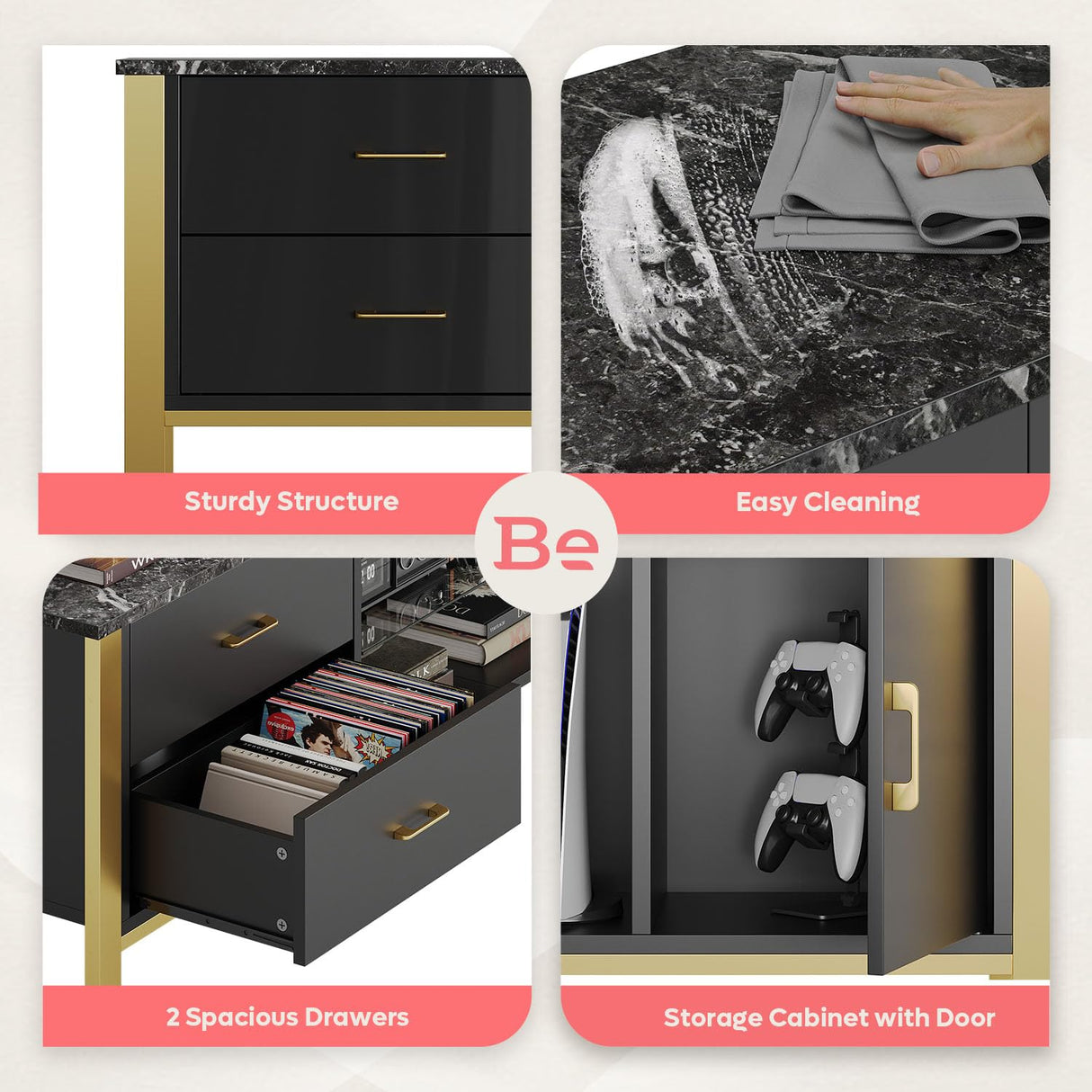 Bestier TV Stand for 75/80/85/90 Inch TV, LED Gaming Entertainment Center, Modern TV Cabinet with Glass Shelves for Living Room, 2 Storage Drawers & Cabinets for Bedroom, Black Glossy Bestier