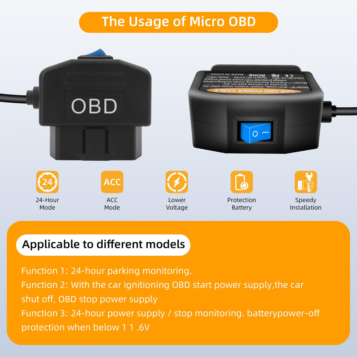 GELRHONR Right Angle OBD Power Cable for Dash Camera, Micro USB OBD2 Dashcam Hardwire Kit with 24 Hours Surveillance and Acc 2 Mode 11.5FT for EV Hybrid Fuel Vehicles(Right Angle Micro Black) GELRHONR