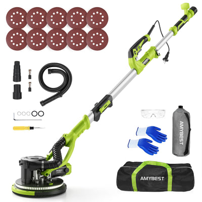 AMYBEST Drywall Sander, Powerful Electric Drywall Sander with Vacuum Dust Collection, 5 Speed 1000-2100 RPM, Popcorn Ceiling Remover, LED Light & 12 Sanding Discs, Extendable Handle (GREEN)