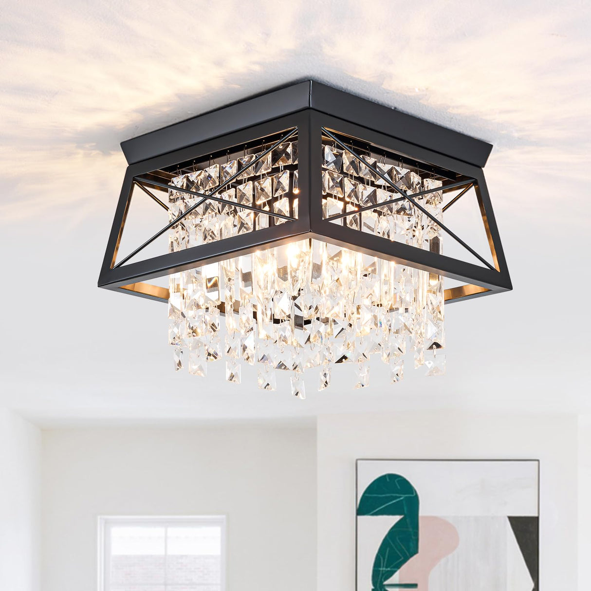 Crystal Flush Mount Ceiling Light, 11.8 inch 4-Light Black Farmhouse Lighting Metal Ceiling Light, Modern Trapezoid Hallway Light Fixtures Ceiling Mount for Bedroom Kitchen Laundry Entryway Foyer Ejerlya