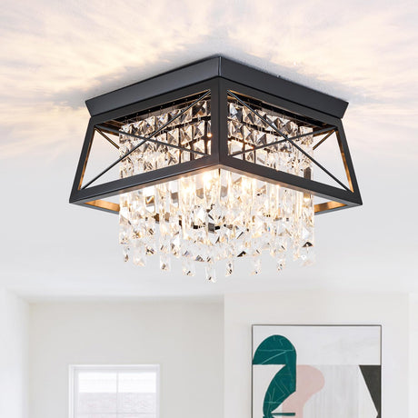 Crystal Flush Mount Ceiling Light, 11.8 inch 4-Light Black Farmhouse Lighting Metal Ceiling Light, Modern Trapezoid Hallway Light Fixtures Ceiling Mount for Bedroom Kitchen Laundry Entryway Foyer Ejerlya