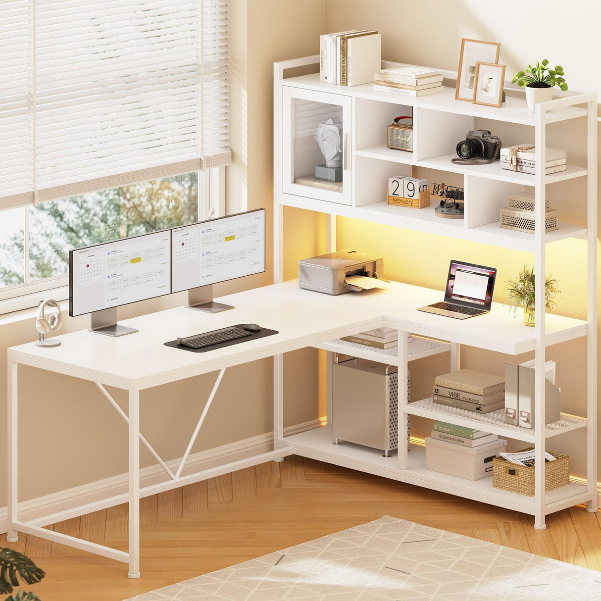 SEDETA L Shaped Computer Desk, 58'' Office Desk with LED Light and Bookshelf, L Shaped Corner Desk with Storage Shelves for Home Office, Gaming Desk, L Desk, White SEDETA