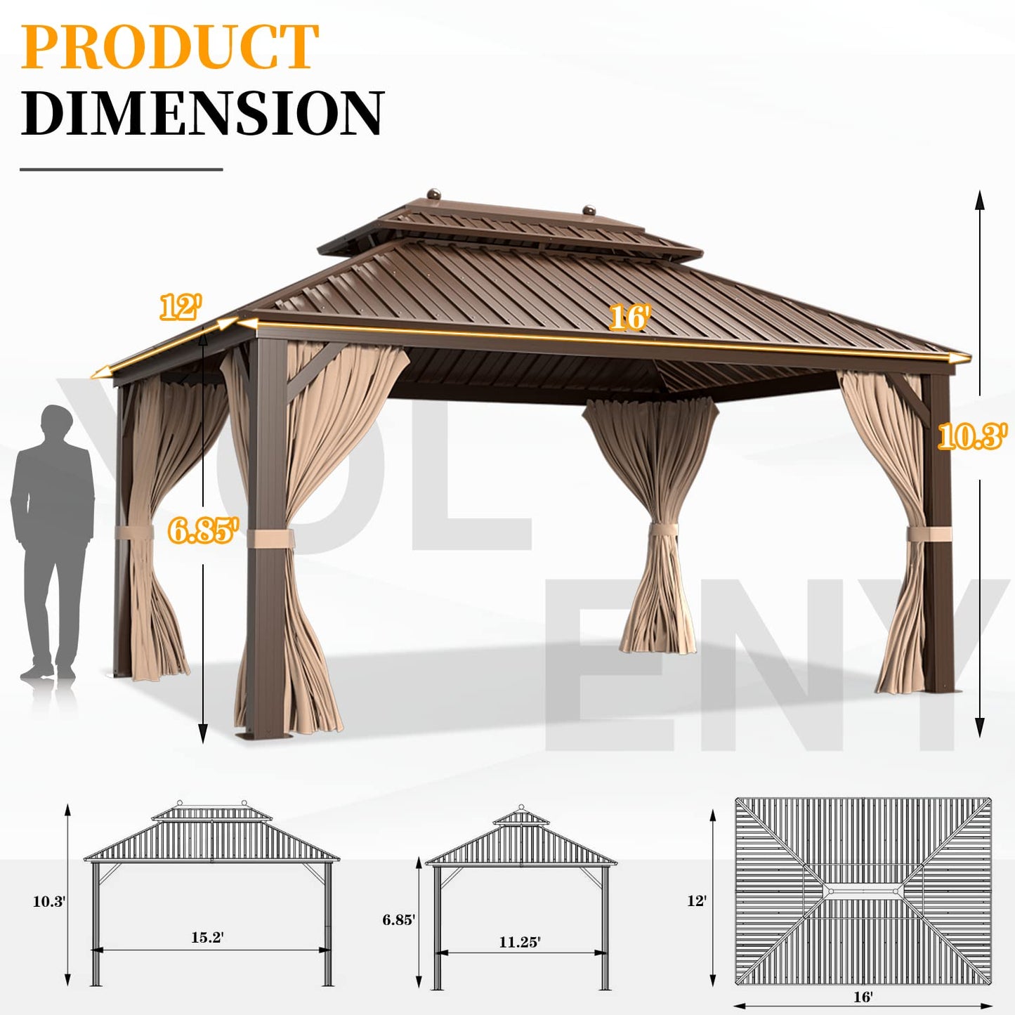 YOLENY 12'x16' Hardtop Gazebo with Galvanized Steel Double Roof, Pergolas Aluminum Frame, Netting and Curtains Included, Metal Outdoor Gazebos for Garden, Patios, Lawns, Parties