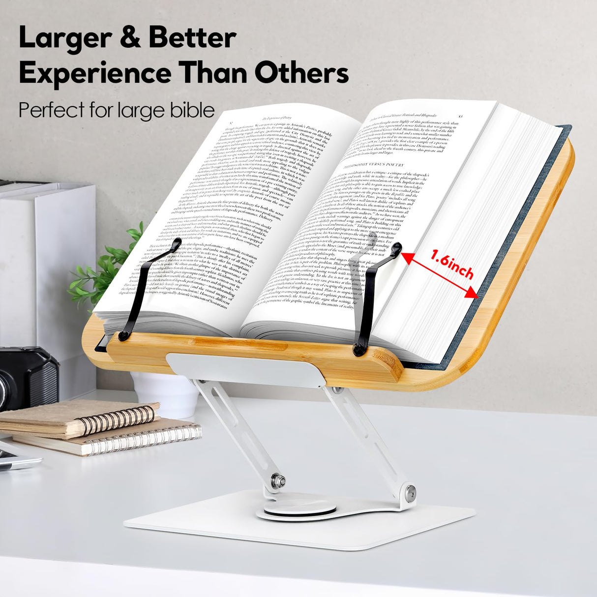 Book Stand for Reading Large Book Holder with 360° Rotating Base, 15.4"x11" Cookbook Stand Desktop Holder with Book Light, Foldable Desktop Stand for Textbook, Recipe, Laptop, Sheet Music FLINKYE