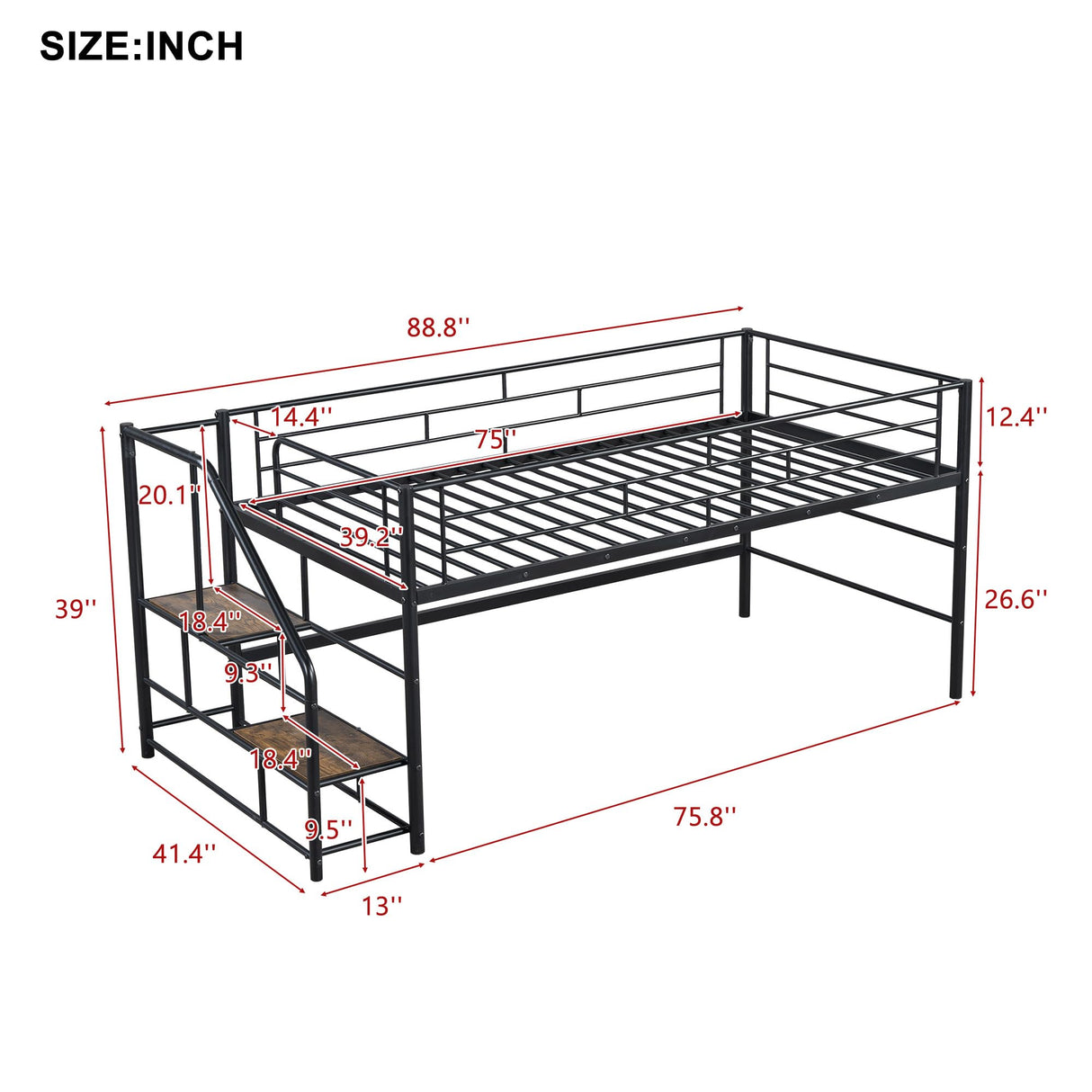 Twin Size Low Loft Bed for Kids,Metal Loft Bed Frame with Stair for Boys Girls,Kids Loft Bed Twin Size with Storage Steps,Black Bellemave