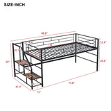 Twin Size Low Loft Bed for Kids,Metal Loft Bed Frame with Stair for Boys Girls,Kids Loft Bed Twin Size with Storage Steps,Black Bellemave