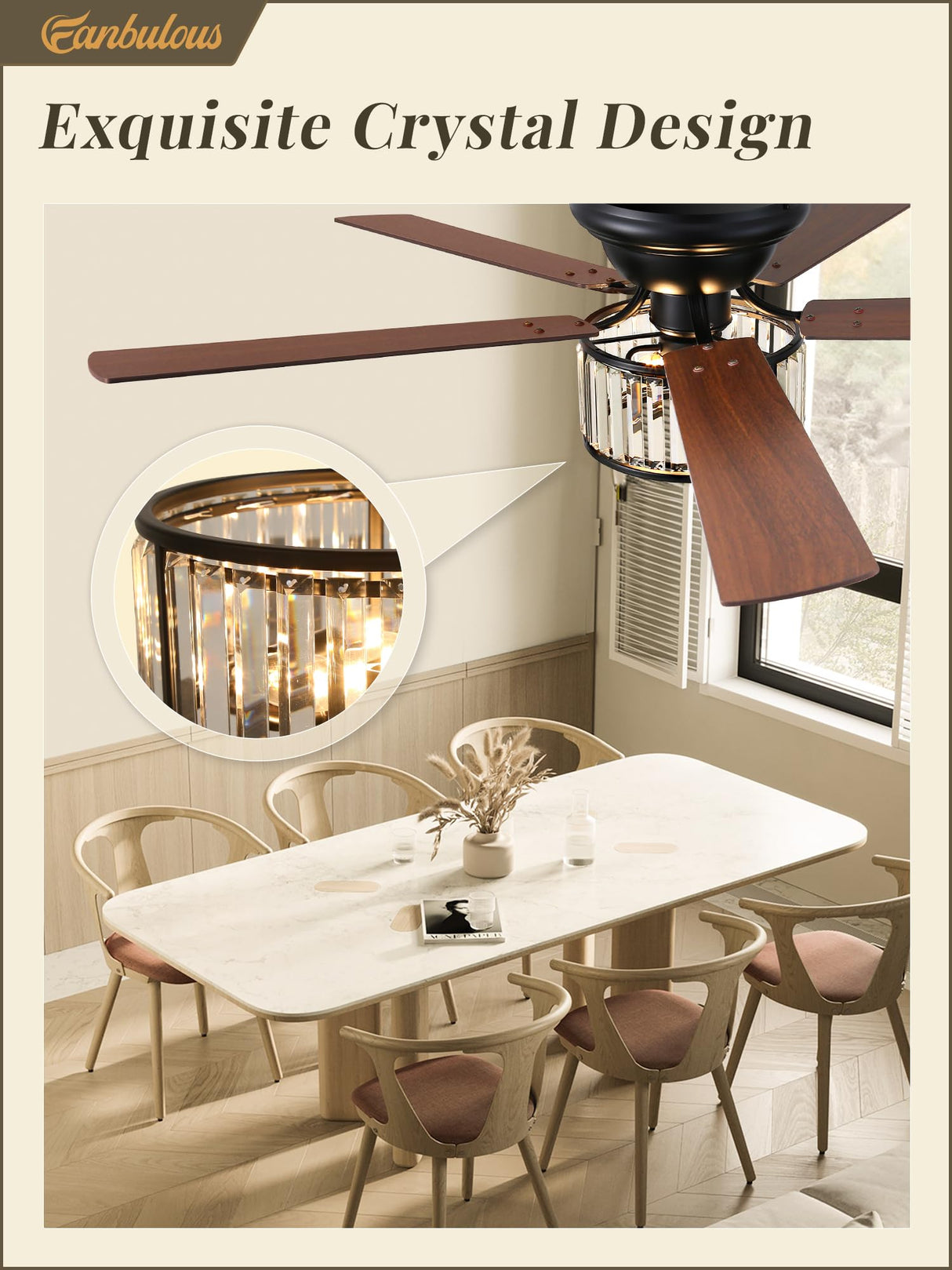 56 Inch Farmhouse Chandelier Ceiling Fan with Remote Control, Black Indoor Crystal Ceiling Fan with 6-Speeds, Quiet Reversible DC Motor, Flush Mount Ceiling Fan with Lights for Bedroom, Living Room Fanbulous