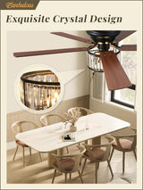 56 Inch Farmhouse Chandelier Ceiling Fan with Remote Control, Black Indoor Crystal Ceiling Fan with 6-Speeds, Quiet Reversible DC Motor, Flush Mount Ceiling Fan with Lights for Bedroom, Living Room Fanbulous