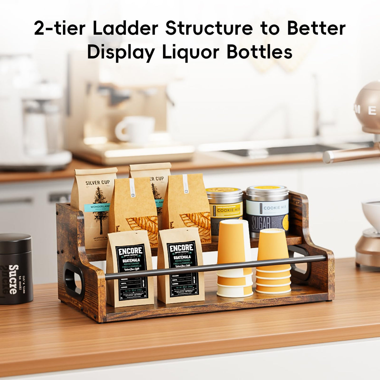 KLM Liquor Bottle Display Shelf, Coffee Syrup Rack Organizer, 2 Step Countertop Liquor Wine Rack, mini bar,Liquor Cabinet, Home Retro Bar Shelf Stand for Liquor Whiskey, Spirits, Brown KLM