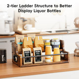 KLM Liquor Bottle Display Shelf, Coffee Syrup Rack Organizer, 2 Step Countertop Liquor Wine Rack, mini bar,Liquor Cabinet, Home Retro Bar Shelf Stand for Liquor Whiskey, Spirits, Brown KLM