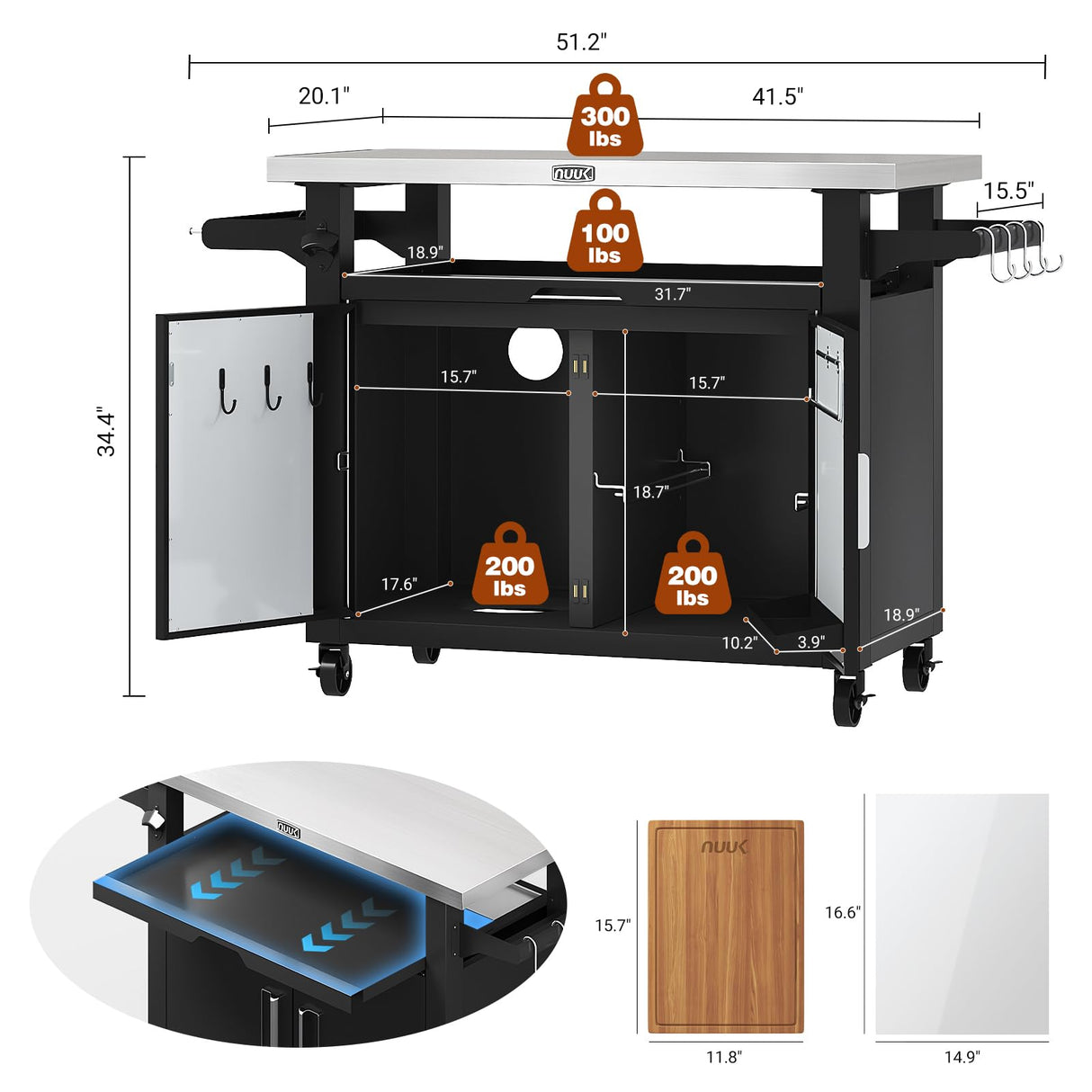 NUUK Outdoor Grill Cart with Storage Cabinet Metal Kitchen Island Prep Table with Movable Universal Wheels and Stainless Steel Top for Outside BBQ Backyard Include Hooks Spice Rack NUUK