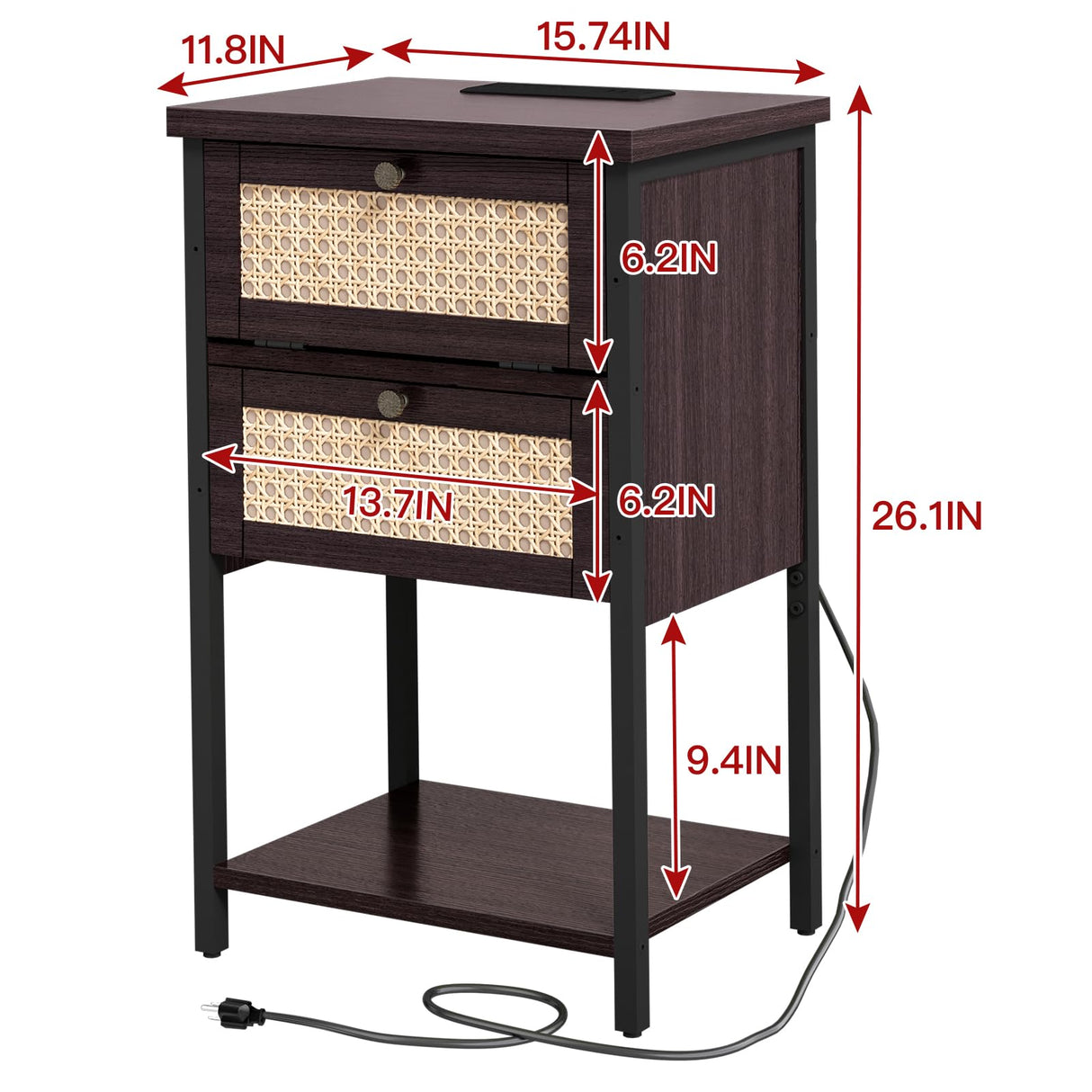 End Table with Charging Station, 2 Tier Rattan Decorated Nightstand with USB Ports and Outlets, Bedside Table with Drawer, Modern Sofa Side Table for Bedroom, Living Room, Office, Cherry Red NONGSHIM