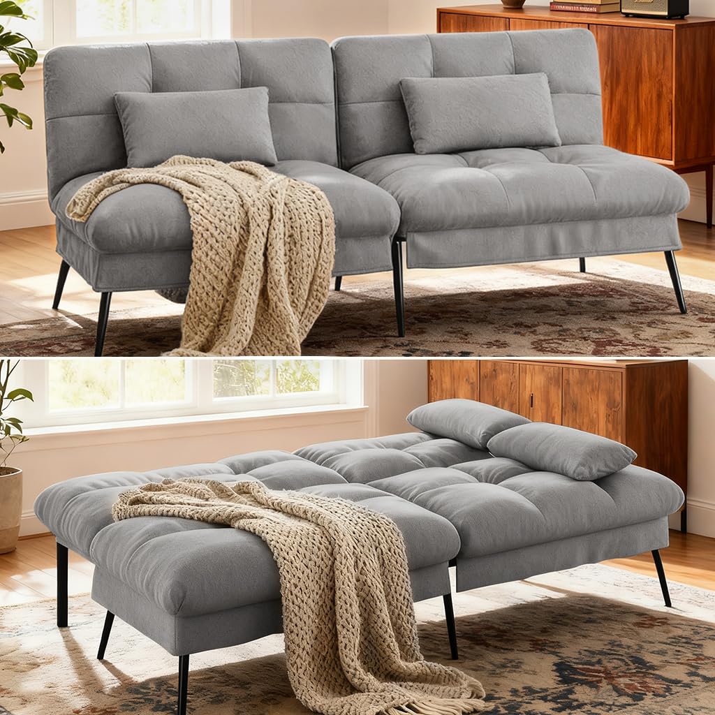 COMHOMA Convertible Sofa Bed,72″Fabric Couch with Adjustable Backrest,Loveseat Recliner Sleeper Living Room Furniture futon Set (Grey) COMHOMA