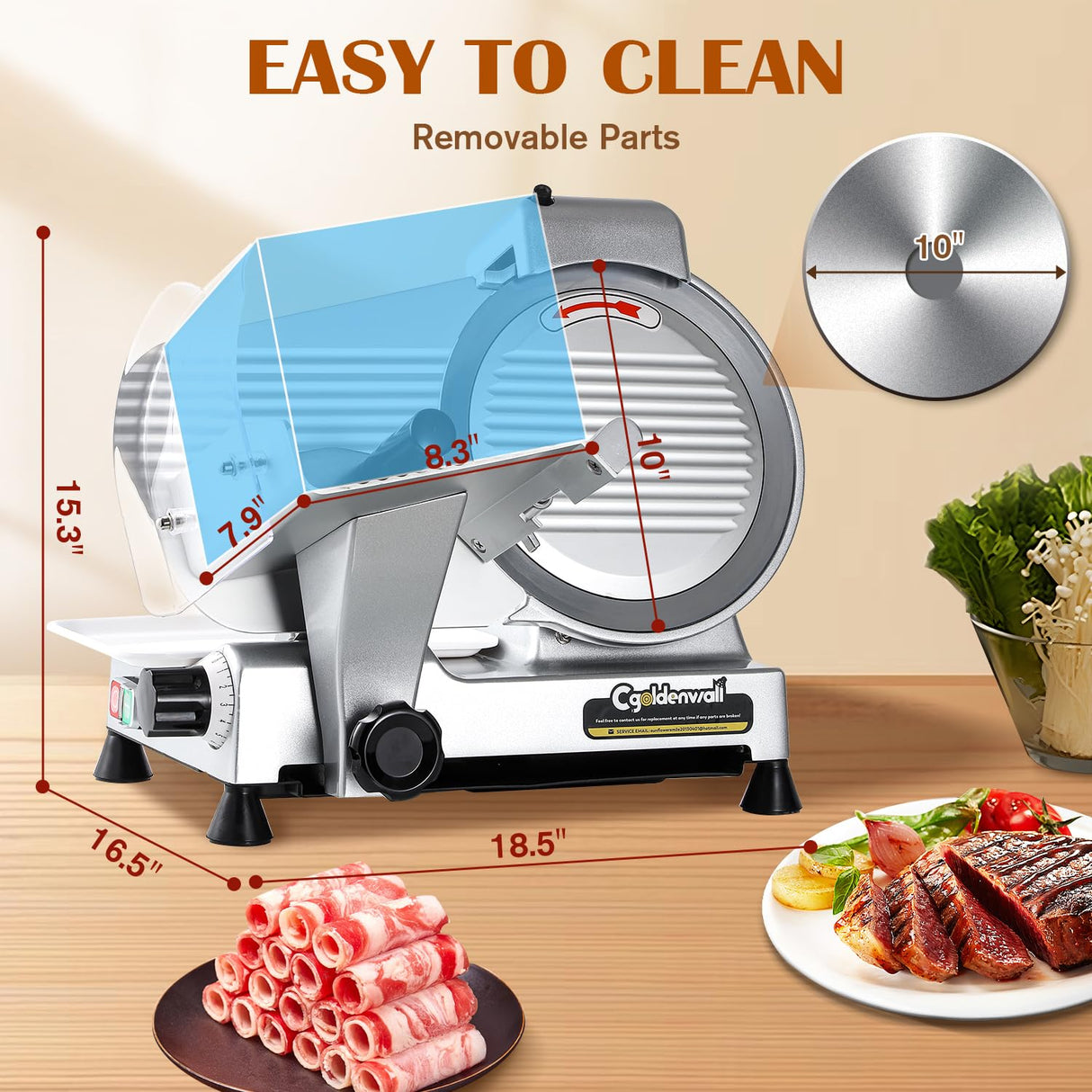 CGOLDENWALL Meat Slicer Machine 10" Commercial Meat Slicer 240W Electric Deli Meat Cheese Food Slicer 0-1/2" Adjustable Thickness Semi-Auto Frozen Meat Slicer for Home, Copper Motor Low Noise Durable CGOLDENWALL