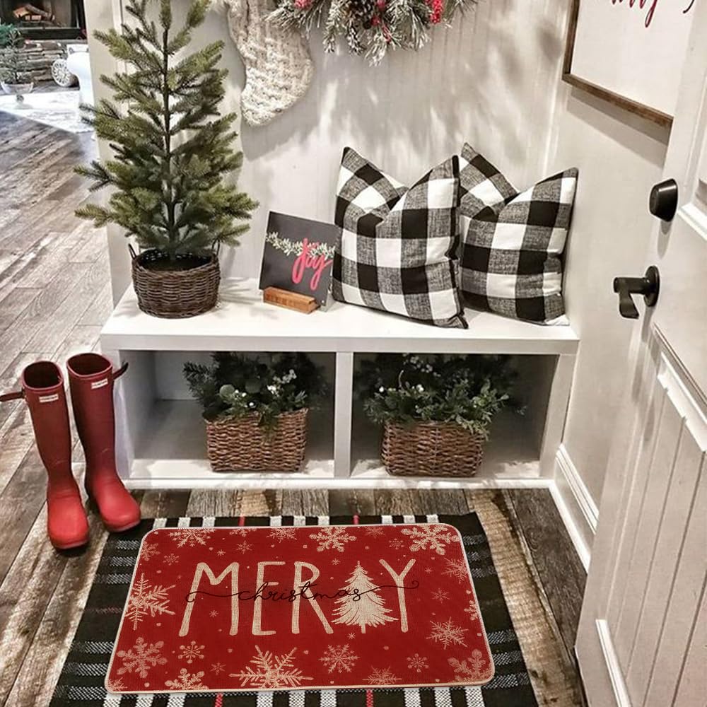 Heirloom Haven Merry Christmas Snowflakes Red Winter Doormat 17 x 29 Inch, Christmas Tree Holiday Decorative Throw Mat Non-Skid Entryway Mat Washable Floor Mats for Bedroom Living Room Kitchen Heirloom Haven
