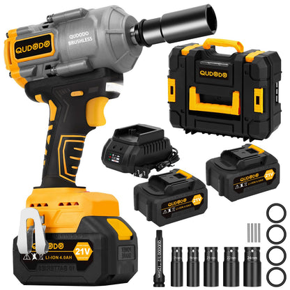 Qudodo 1000N.m 1/2" Impact Gun, 740ft-lbs 21V Cordless Impact Wrench with 2 x 4.0Ah Batteries 5 x Sockets, Power High Torque Pistolas llave De Impacto for Truck Car Mower Home - WoodArtSupply