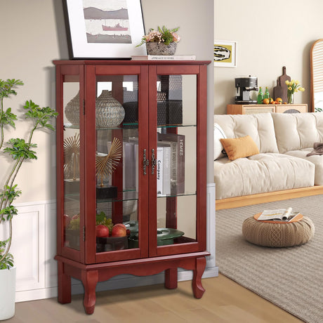 Firscook Curio Cabinet With Lighted Tall Leg Glass Door, Antique Display With Mirrored Back Panel, Vintage Lighted Accent Corner China for Living Room (Cherry) Firscook