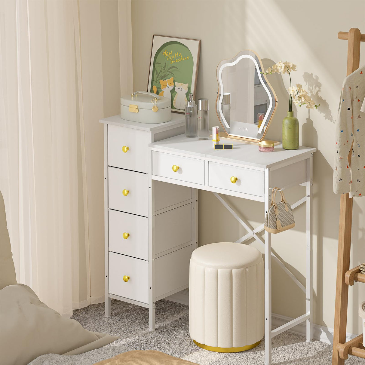 Vanity Desk No Mirror, Small White Vanity Desk, Makeup Girls Vanity Table with 6 Storage Drawers, Dressing Table for Small Spaces, Compact Vanity with Iron Hook for Bedroom, 33.07"L x 12.6"W x 33.07"H DAOUTIME
