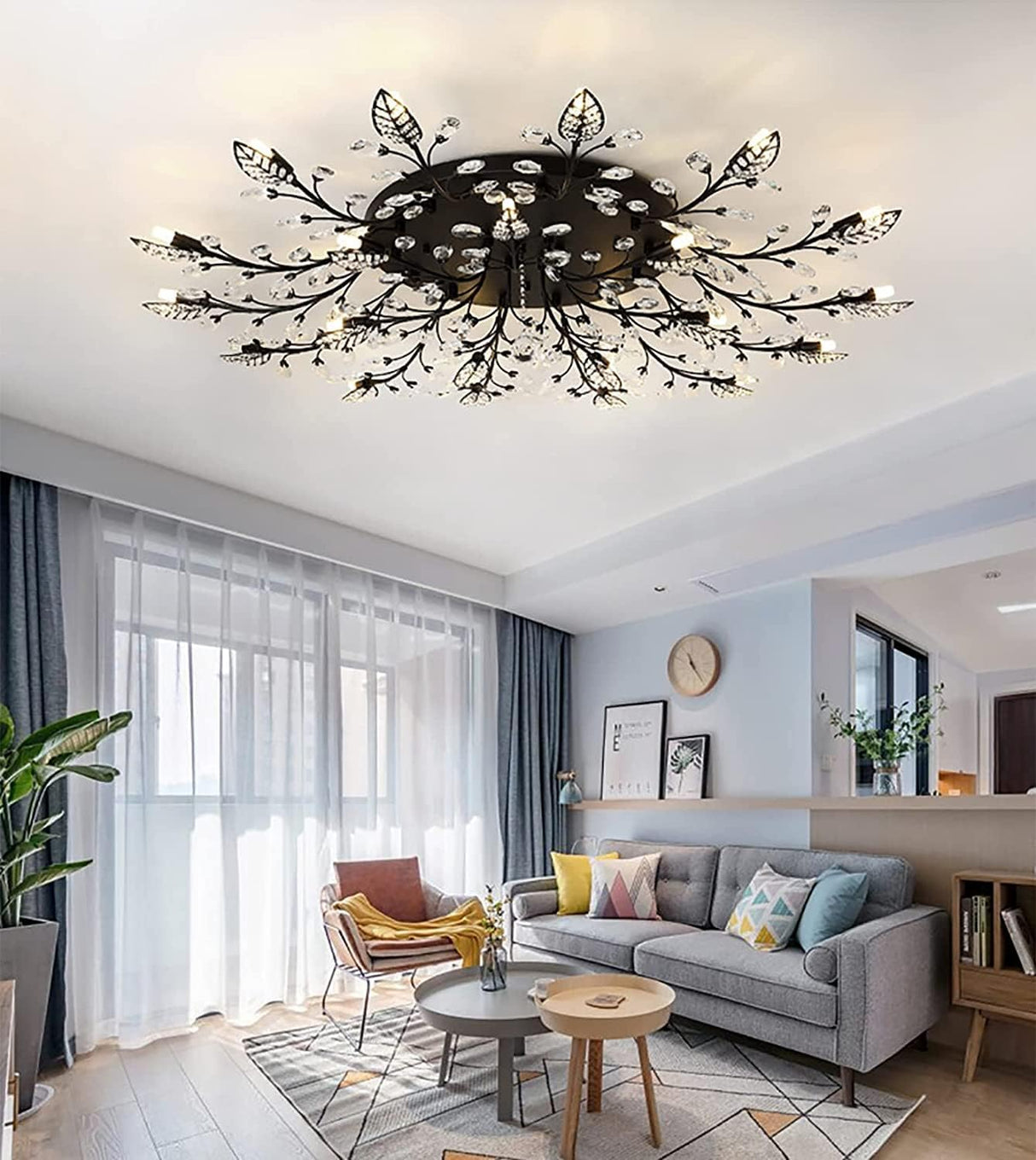 Modern Crystal Ceiling Light Fixture,Semi Flush Mount Chandeliers,Crystal Leaf Ceiling Light, Chandeliers for Dining Room,Living Room,Bedroom (Black, 15-Lights) Ridiss