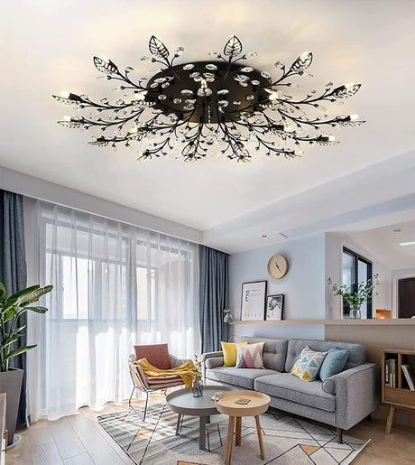 Modern Crystal Ceiling Light Fixture,Semi Flush Mount Chandeliers,Crystal Leaf Ceiling Light, Chandeliers for Dining Room,Living Room,Bedroom (Black, 15-Lights) Ridiss