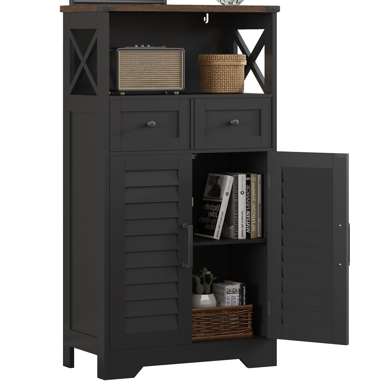 ChooChoo Farmhouse Storage Cabinet, Bathroom Floor Cabinet with Doors and Drawers, Kitchen Pantry Cabinet for Living Room, Laundry, Black ChooChoo