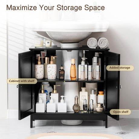 Iwell Pedestal Sink Storage Cabinet with 2 Doors and Shelf, Under Sink Cabinet, Bathroom Sink Cabinet with U-Shape, Black YSG020H Iwell