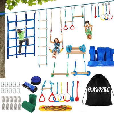 65 Ft Ninja Warrior Kids’ Obstacle Course,Durable Slackline with 11 Obstacles-Swings, Monkey Bars, Arm Trainers & More, Ninja Warrior Obstacle Course with Outdoor Fun for Ages 3+