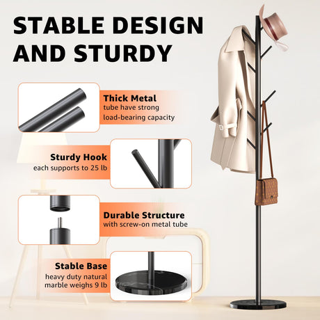 HzTinT Coat Rack with Natural Marble Base, Metal Freestanding Coat Rack with 8 Hooks, 3 Adjustable Size Sturdy Coat Tree for Bags, Coats, and Hats for Entryway, Hallway, Bedroom, Office, Black HzTinT