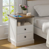 AntsandAnts White Farmhouse Nightstand Set of 2,Wood End Tables Bedroom with Charging Station,Metal Corner Night Stand with 2 Drawers for Living Room,Bedside Table Furniture AntsandAnts