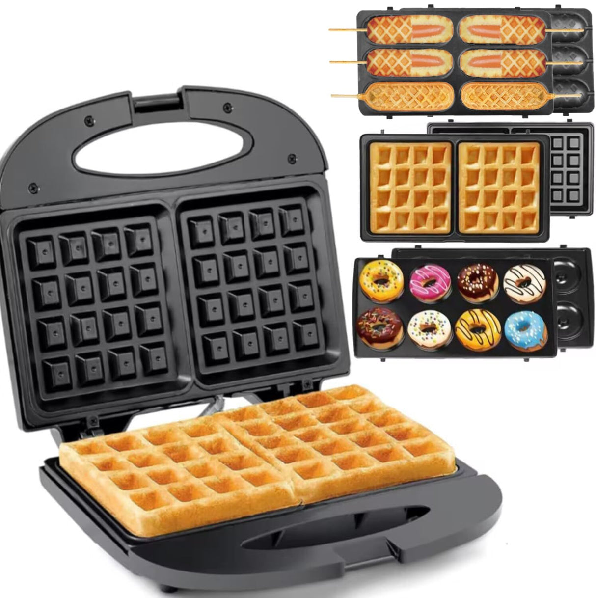 Waffle Maker,Donut,Hot Dog Machine Set,3-in-1 Multifunctional Breakfast Maker Machine with Iron Removable Plate Mold for Home,Kitchen,Cake,Paninis,Nut,Steaks,Grill,Lunch,Snacks or Dessert JACKGOLD