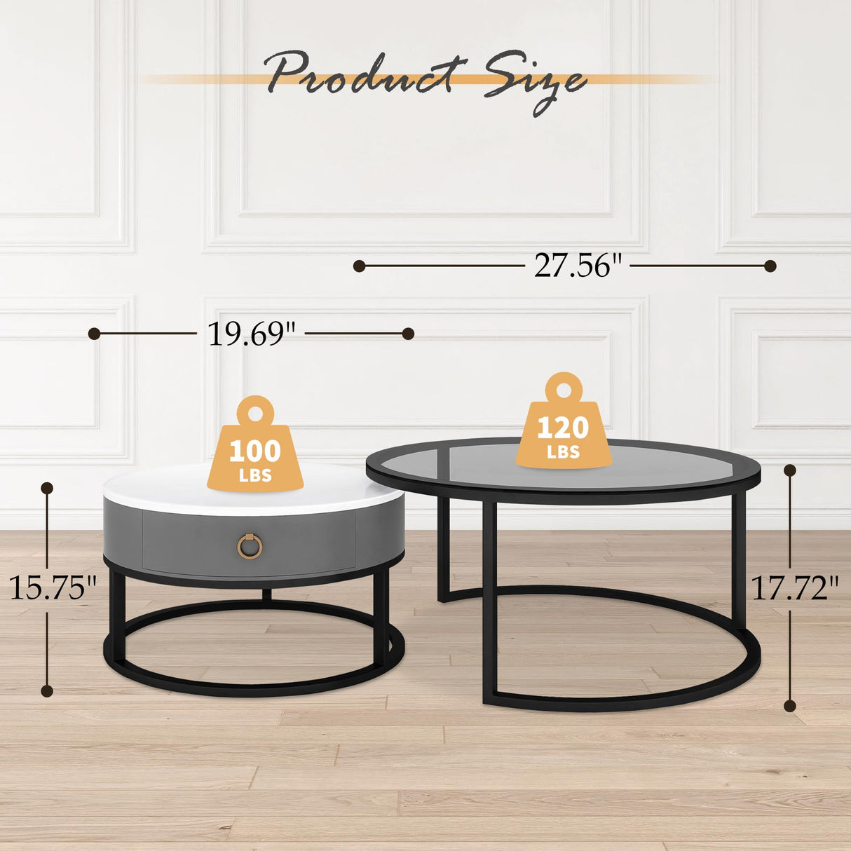 Jerry & Maggie Ø 27.5" Modern Nesting Coffee Table Set of 2, Round Glass Coffee Table & Side Table with Drawer, Tempered Glass & Leather Upholstery, Coffee Tables for Living Room, Small Space Friendly Jerry & Maggie