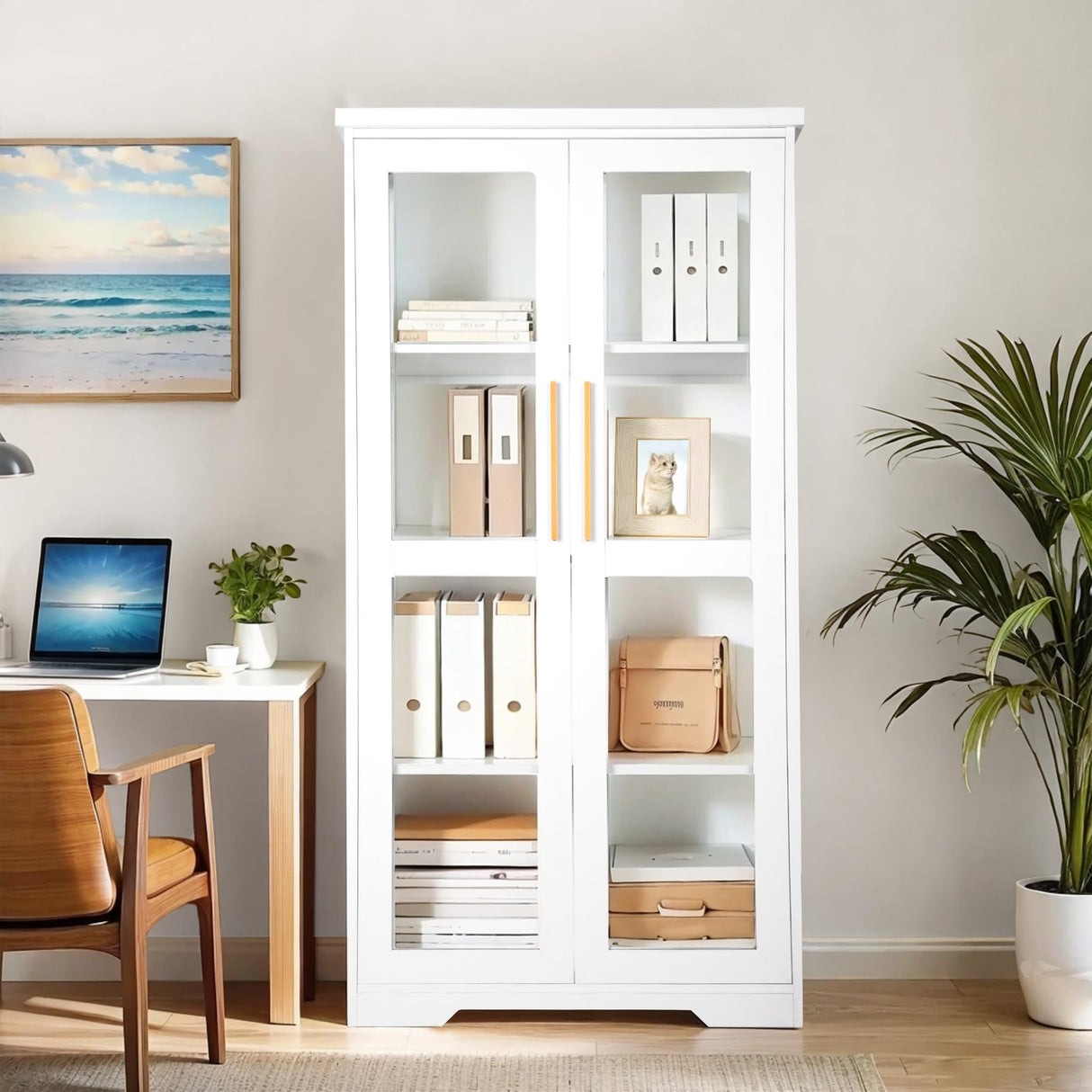 jamege 67” Tall China Storage Cabinet with Tempered Glass Doors, Curio Display Cabinet, Bookshelves, Bookcase with Adjustable Shelves, for Living Room, Kitchen, Dining Room, Pantry, Home, Office jamege