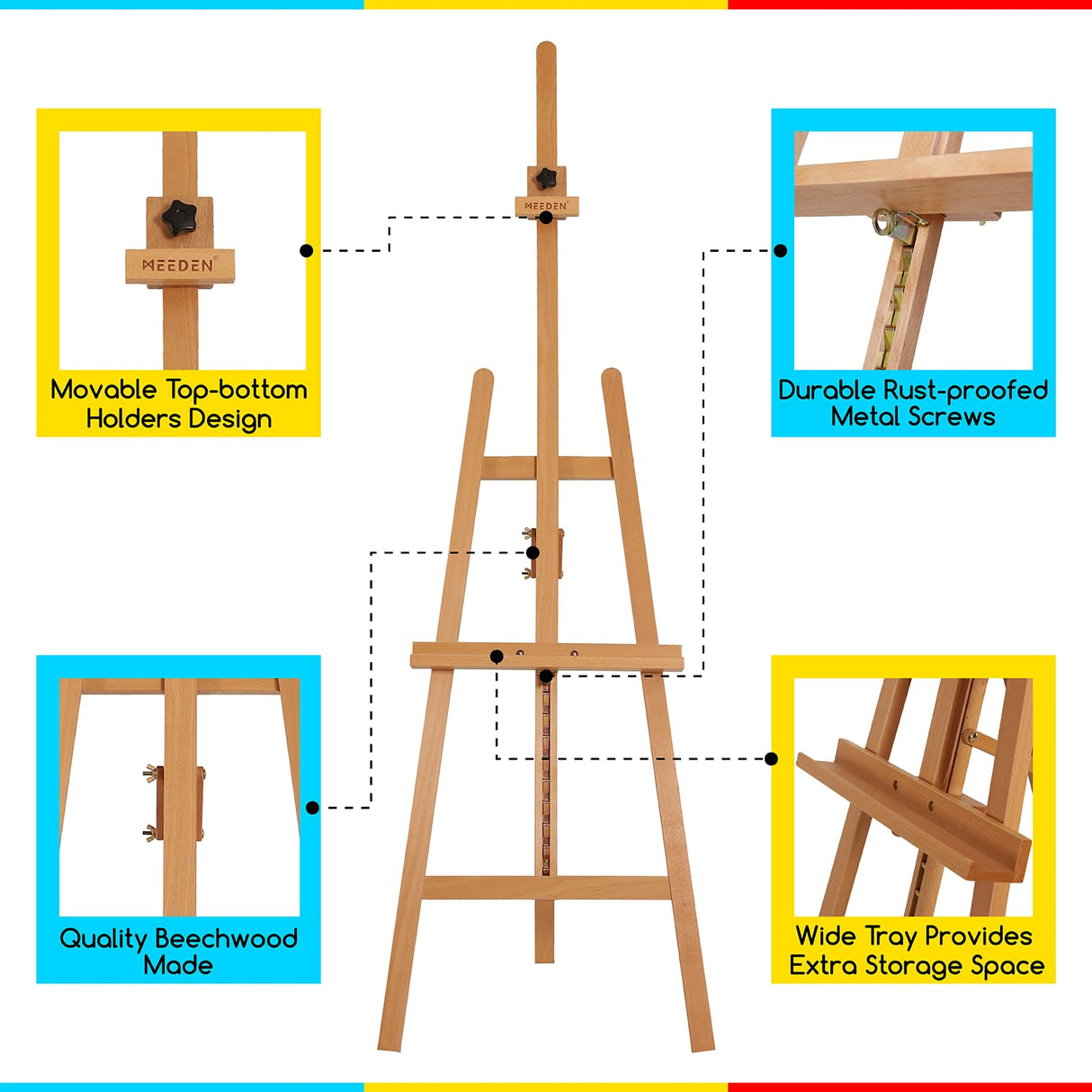 MEEDEN Painting Wooden Art Easel: Solid Beechwood Display Easel Stand Hold Canvas up to 43'' - Adjustable Easel from 57''-76" for Adults Student Studio Gallery - Natural MEEDEN