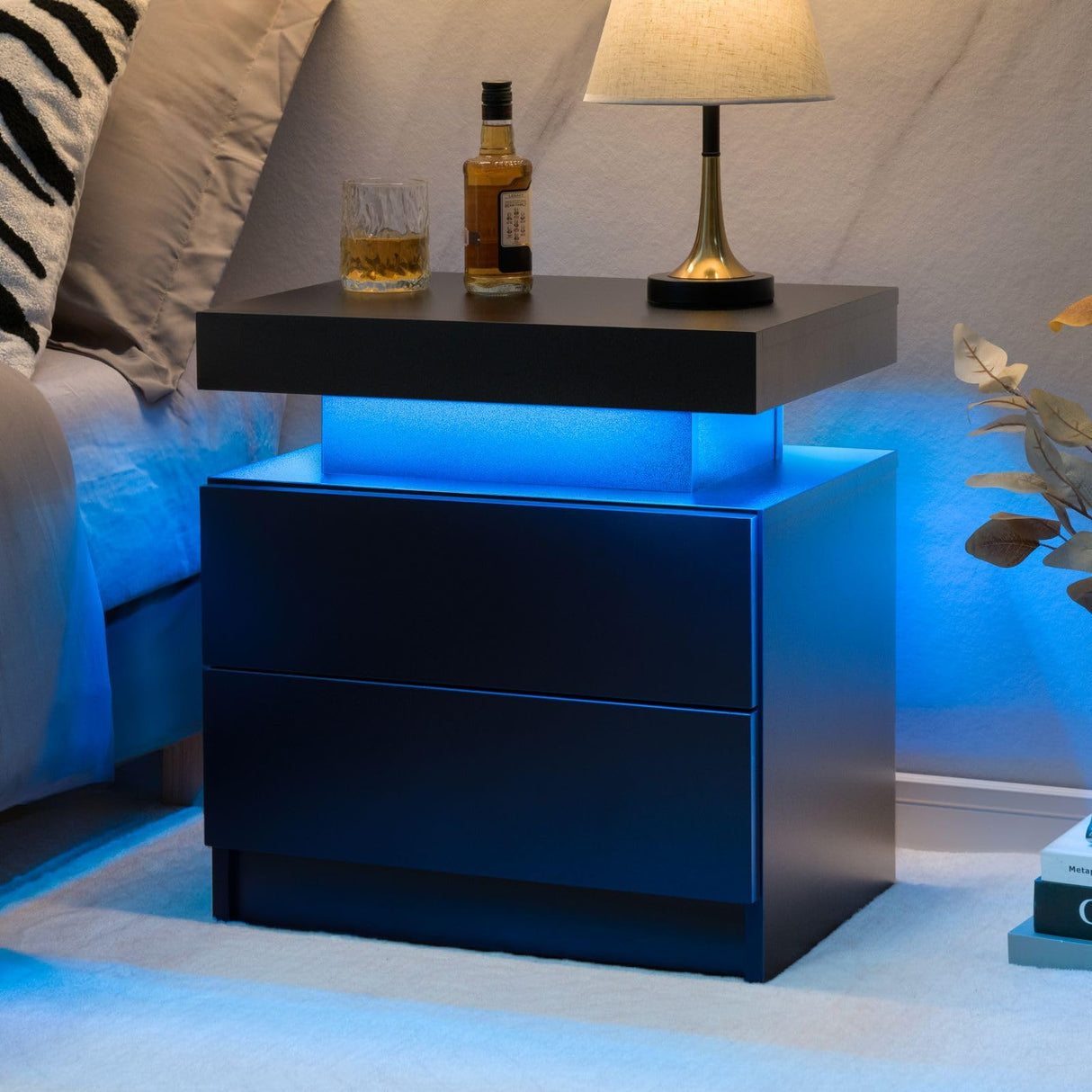 Cubehom Black Nightstand with LED Light Black Modern Bedside Table LED Nightstand with 2 Drawers End Side Table for Bedroom Generic