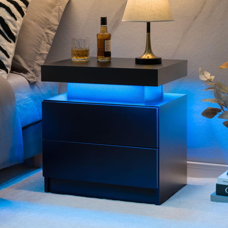 Cubehom Black Nightstand with LED Light Black Modern Bedside Table LED Nightstand with 2 Drawers End Side Table for Bedroom Generic