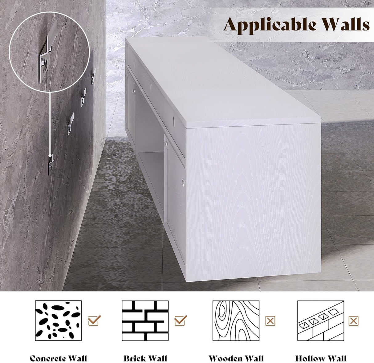 AMERLIFE 70in Floating Fireplace TV Stand with 36" Electric Fireplace and LED Lights, Wall Mounted Entertainment Center with Storage, Modern Media Console for TVs Up to 80", White AMERLIFE