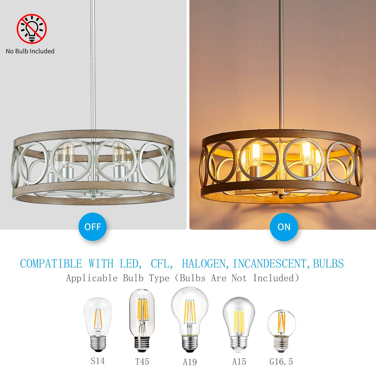 XINGQI 21.7'' Modern Farmhouse Chandelier, Drum Ceiling Light Fixture for Living Dining Room Over Table, 5 Lights Antique Wood Grain Brushed Nickel with Round Metal XINGQI