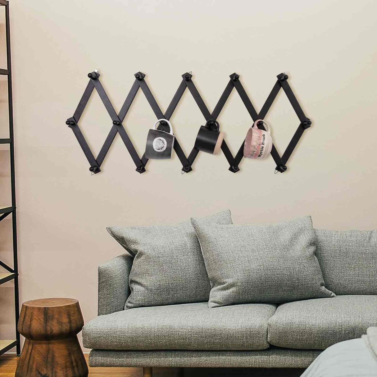 SCUNDA Accordion Wall Hanger with 16 Hooks, Wooden Wall Expandable Coat Rack for Coat, Hats, Baseball Caps, Coffee Mug, Jewelry(Black) SCUNDA