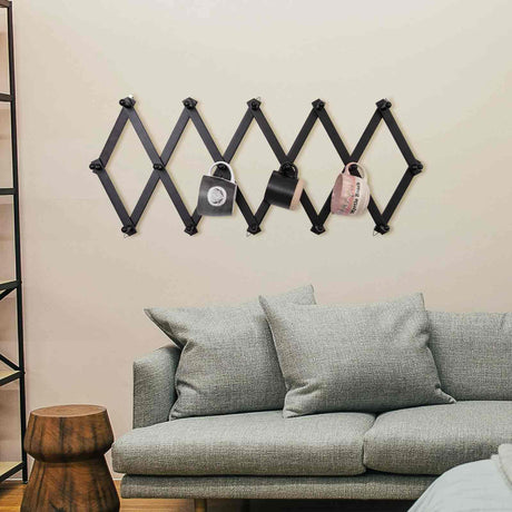 SCUNDA Accordion Wall Hanger with 16 Hooks, Wooden Wall Expandable Coat Rack for Coat, Hats, Baseball Caps, Coffee Mug, Jewelry(Black) SCUNDA