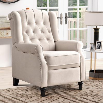 IOMOR Push Back Recliner Chair Fabric Lounge Armchair Pushback Recliner with Rivet Decoration Wingback Single Sofa Chair with Padded Seat for Living Room, Bedroom (1, Beige)