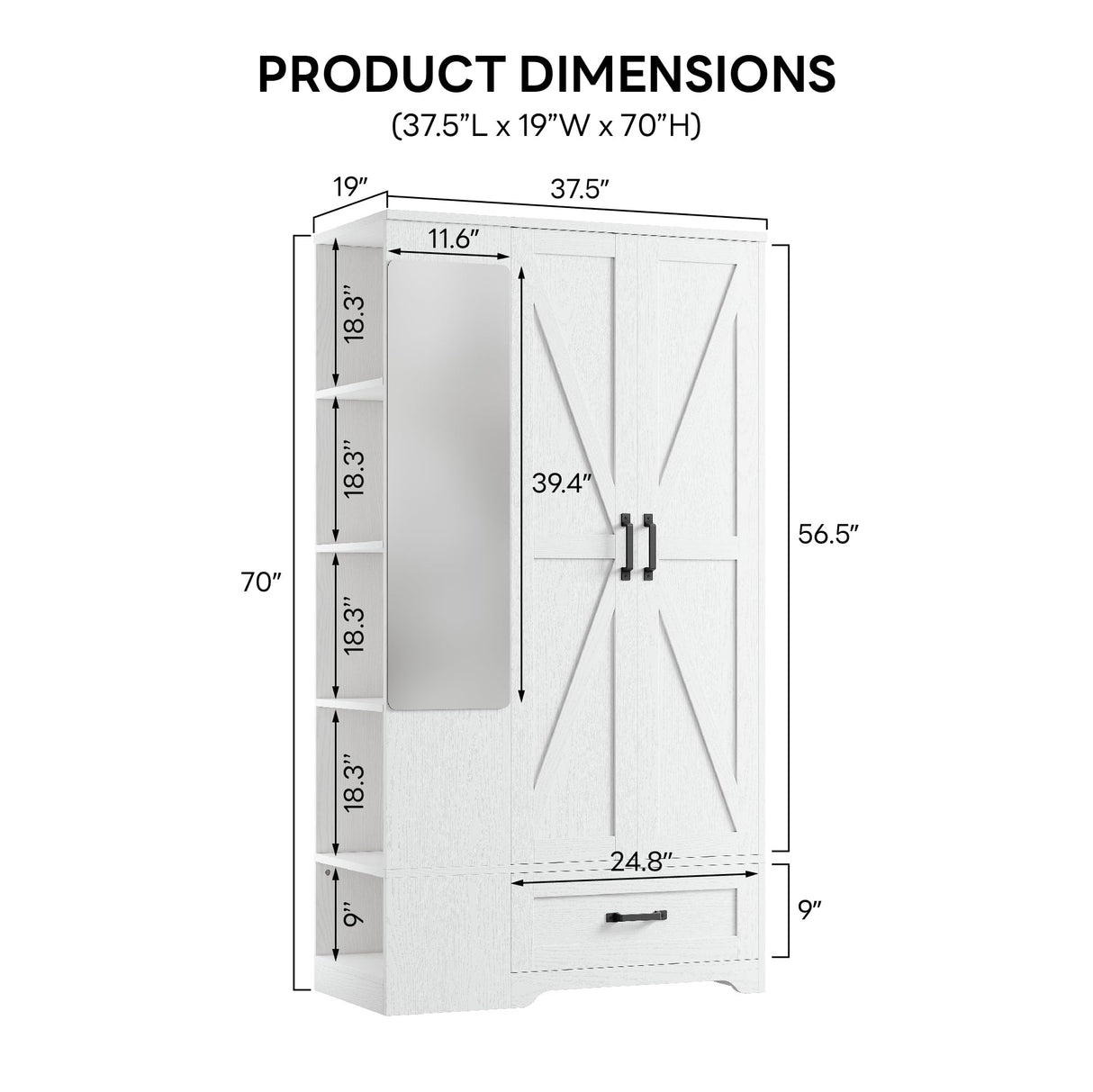 LIKIMIO Armoire Wardrobe Closet 70 Inches, Large Storage with Mirror, 2 Doors, Drawer, and Shelves, Modern Bedroom Freestanding Wooden Wardrobe Combination with Hanging Rail, White LIKIMIO