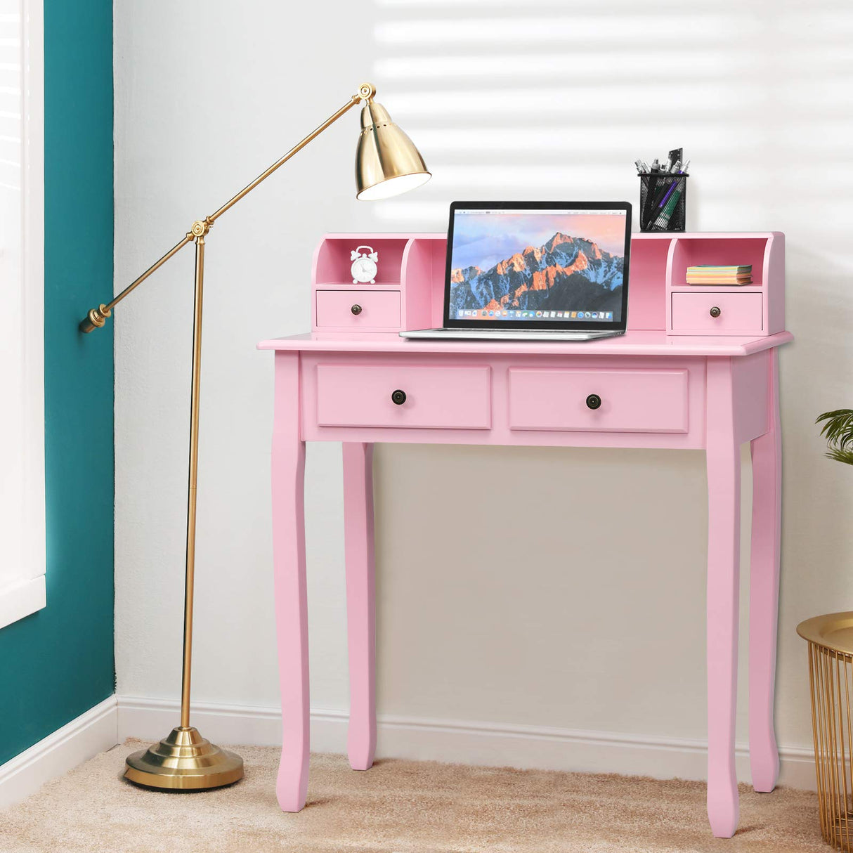 Byroce Small Writing Desk with Removable Hutch, 2-Tier Vanity Table with 4 Drawers, 3 Cubbies & Pine Wood Legs, Study Computer Desk for Bedroom Home Office (Pink) WoodArtSupply